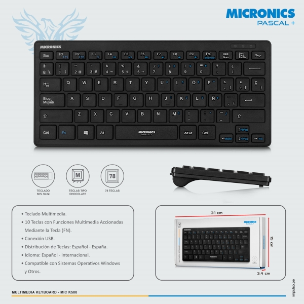 PASCAL+SLIM MIC K500 TECLADO MULTIMEDIA USB MICRONICS USB MICRONICS