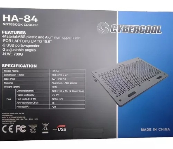 HA-84 COOLER DE LAPTOP ALUMINO/PLASTICO 02 COOLER 14CM AZUL